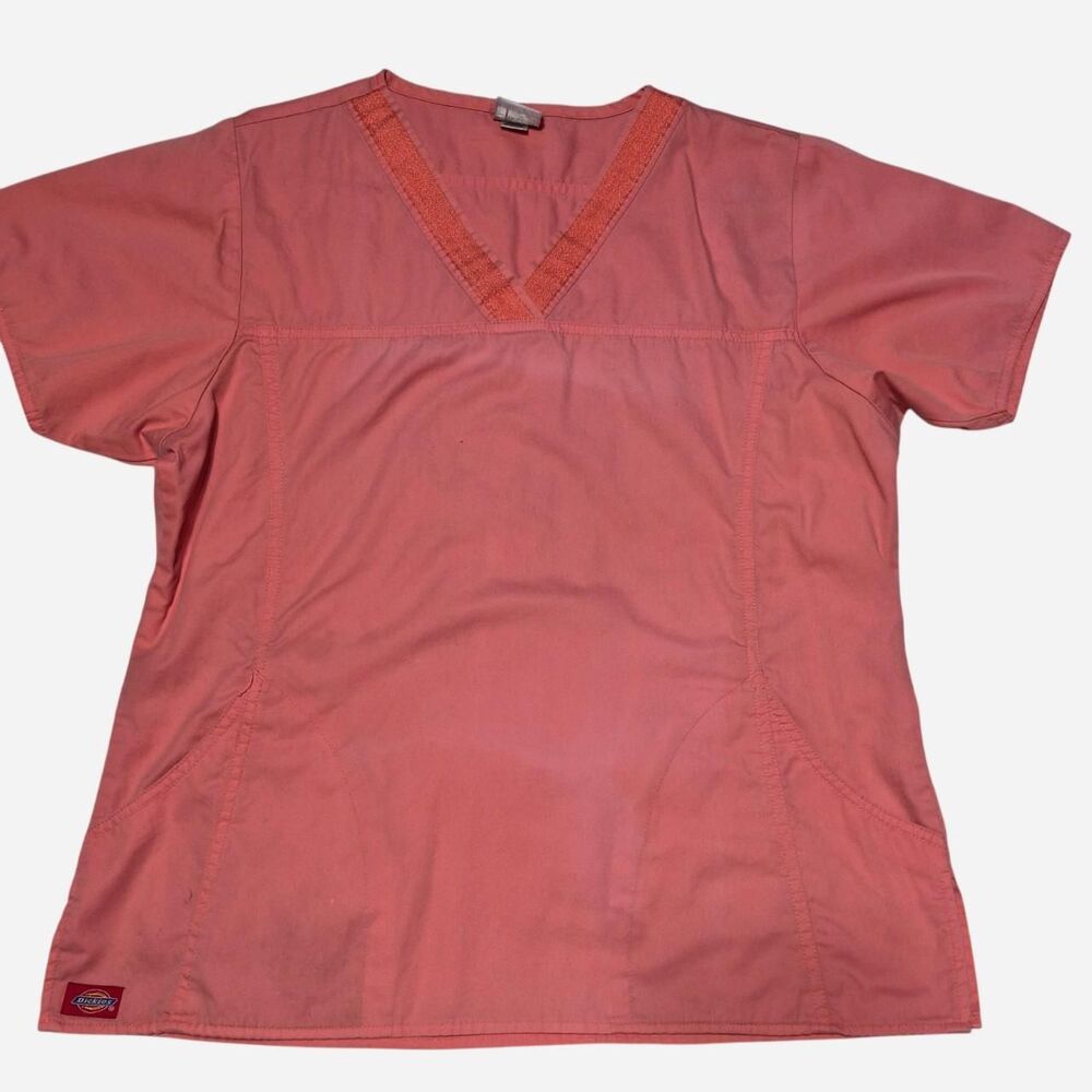 Dickies Women's Coral Pink V Neck Short Sleeve Scrub Top w/ Pockets Size M/L
